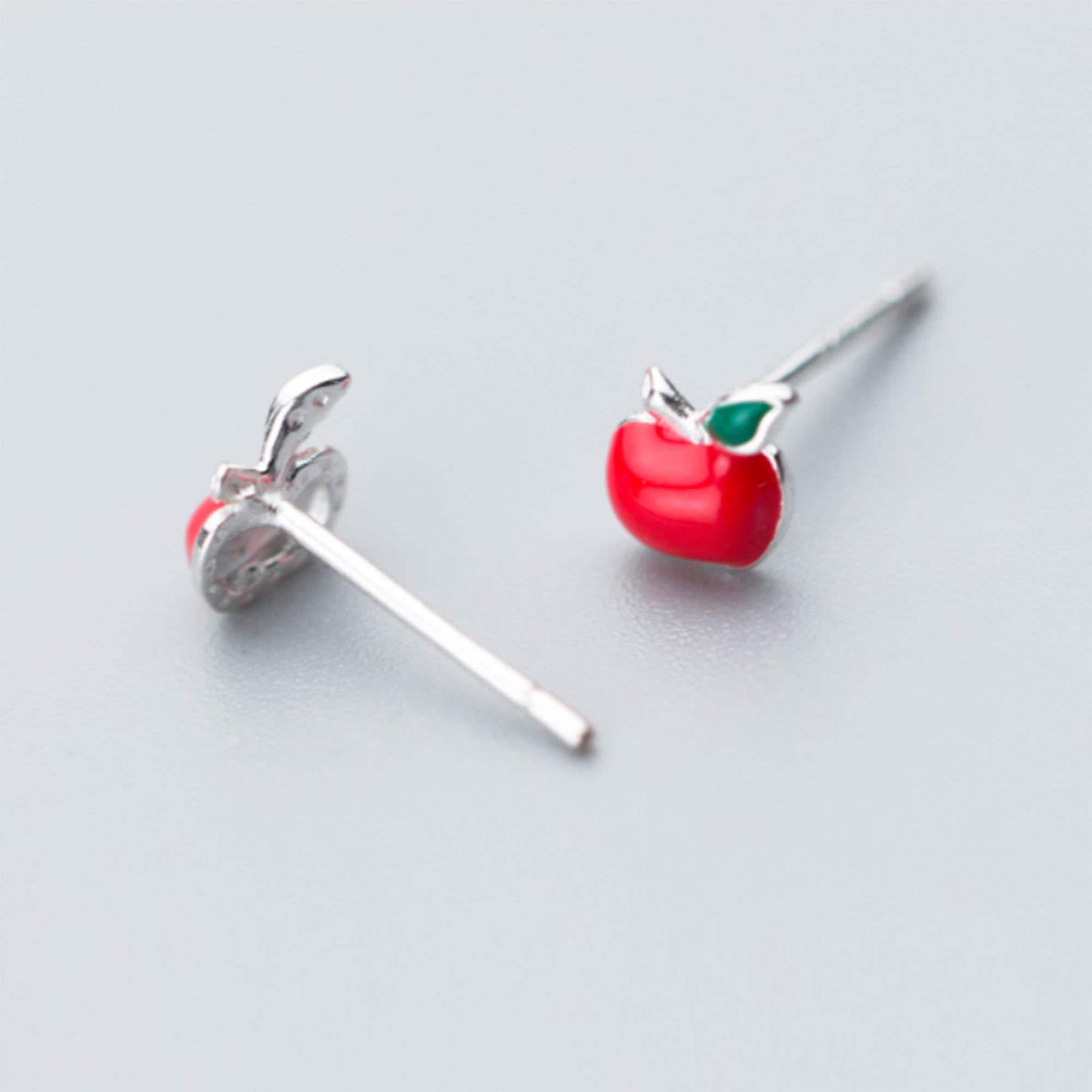 925 Sterling silver red apple fruit earrings necklace silver apple enamel stud earrings green leaf forbidden fruit