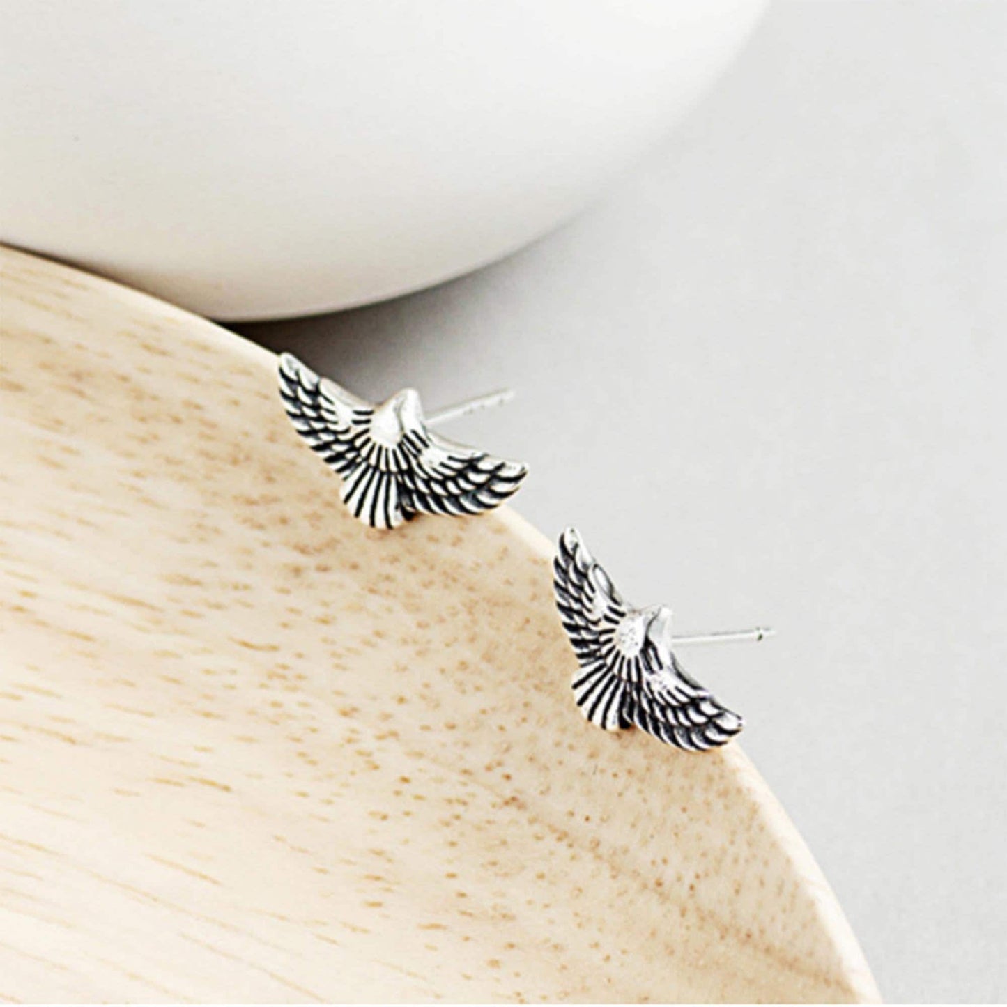 Sterling silver Flying Eagle Studs Earrings with Oxidised details Freedom Feather Bird earrings