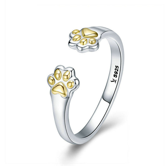 925 Sterling Silver gold plated animal Paw pawprint adjustable open ring band animal lover cat pawprint