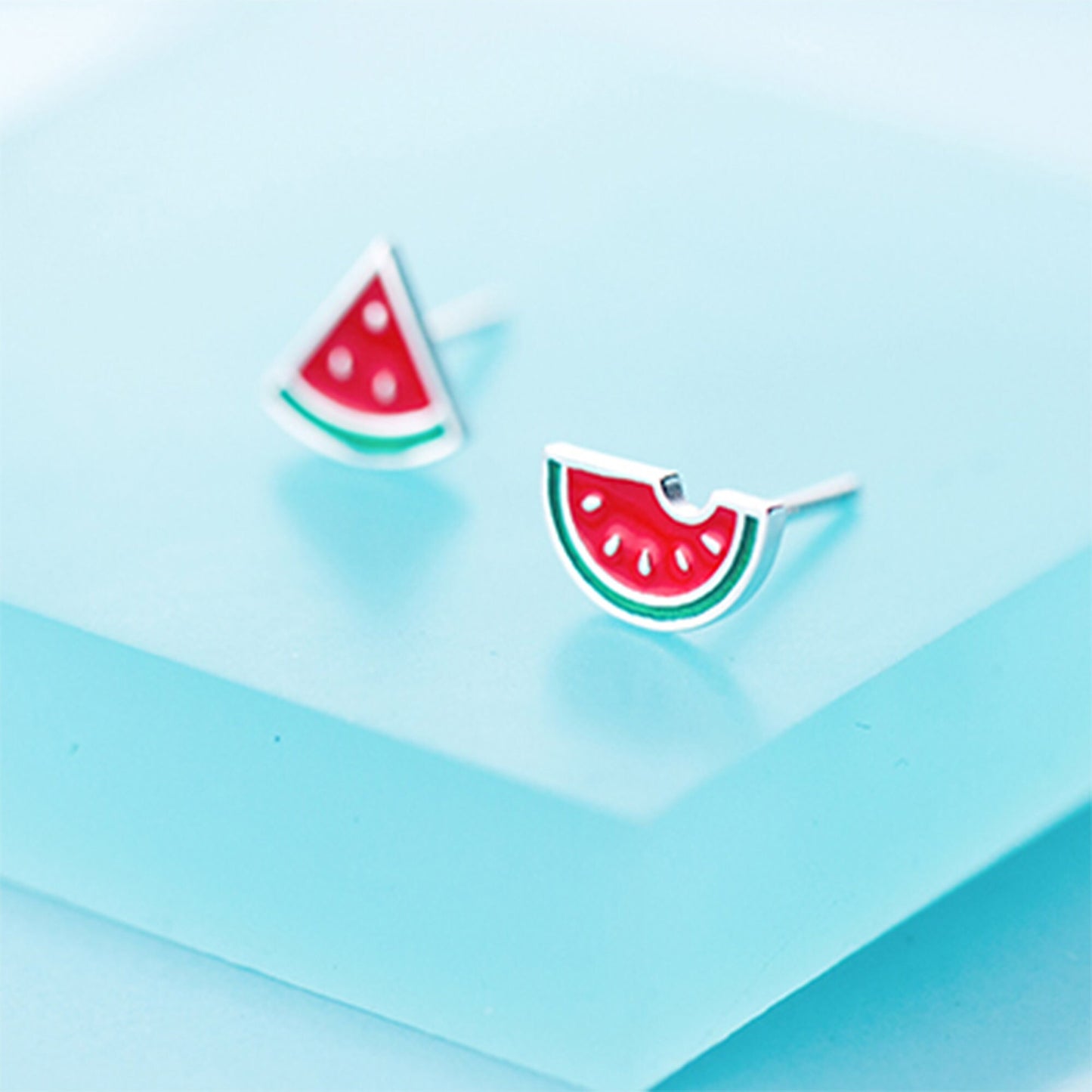 Sterling Silver Mix Match Summer Watermelon Red green fruit Tropical Fruit Studs Earrings