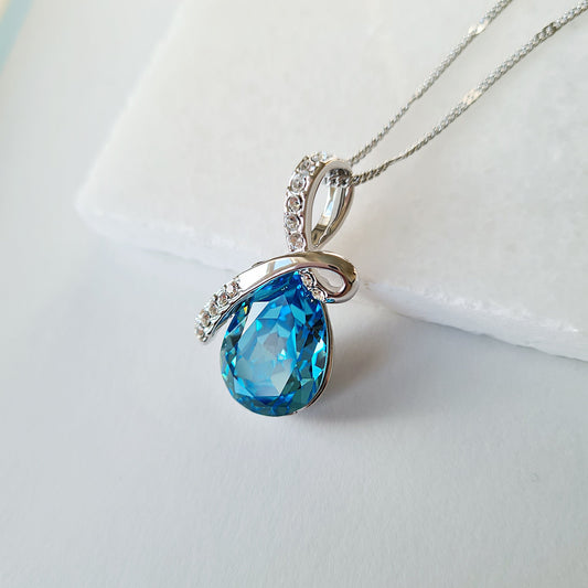 Silver plated Large blue teardrop Crystal Oval Necklace Pendant