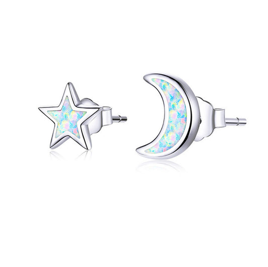 925 Sterling silver opal moon and star studs earrings crescent moon and star earrings Celestial jewellery Spiritual meaningful