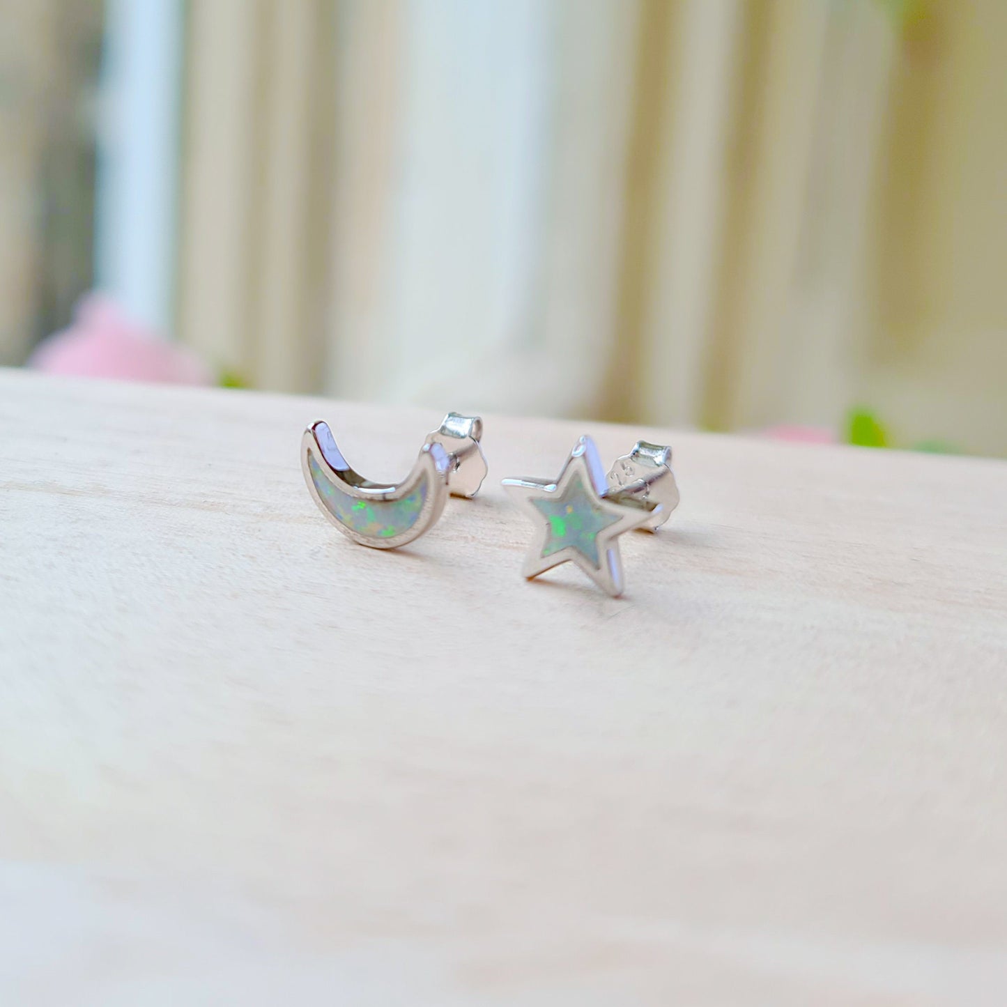 925 Sterling silver opal moon and star studs earrings crescent moon and star earrings Celestial jewellery Spiritual meaningful