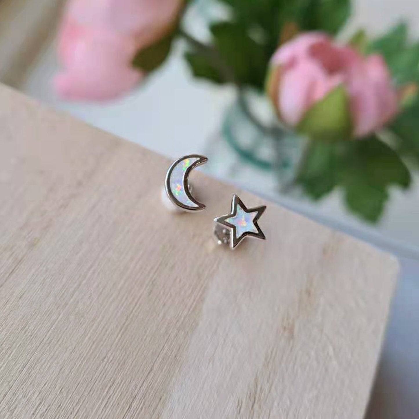 925 Sterling silver opal moon and star studs earrings crescent moon and star earrings Celestial jewellery Spiritual meaningful