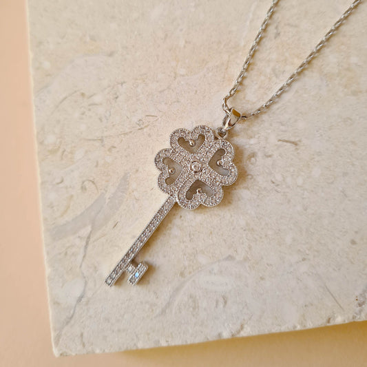 diamante silver plated secret single key necklace pendant  four clover heart
