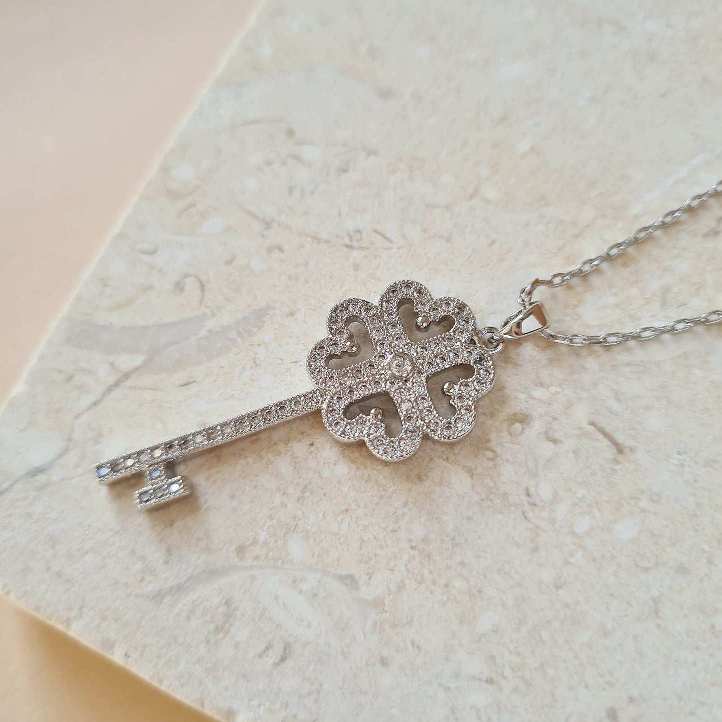 diamante silver plated secret single key necklace pendant  four clover heart