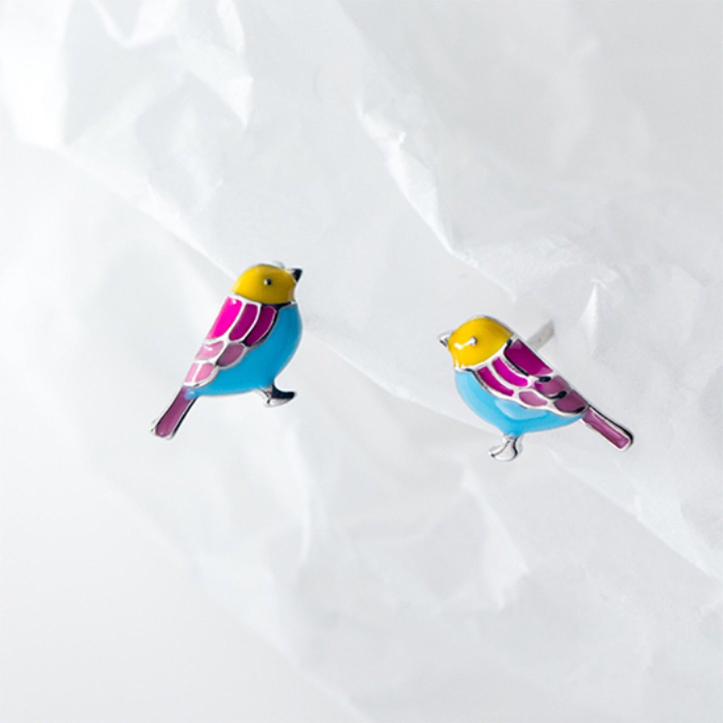 925 sterling silver enamel multiple coloured bird studs earrings blue yellow pink enamel parrot earrings tropical bird parrot earrings