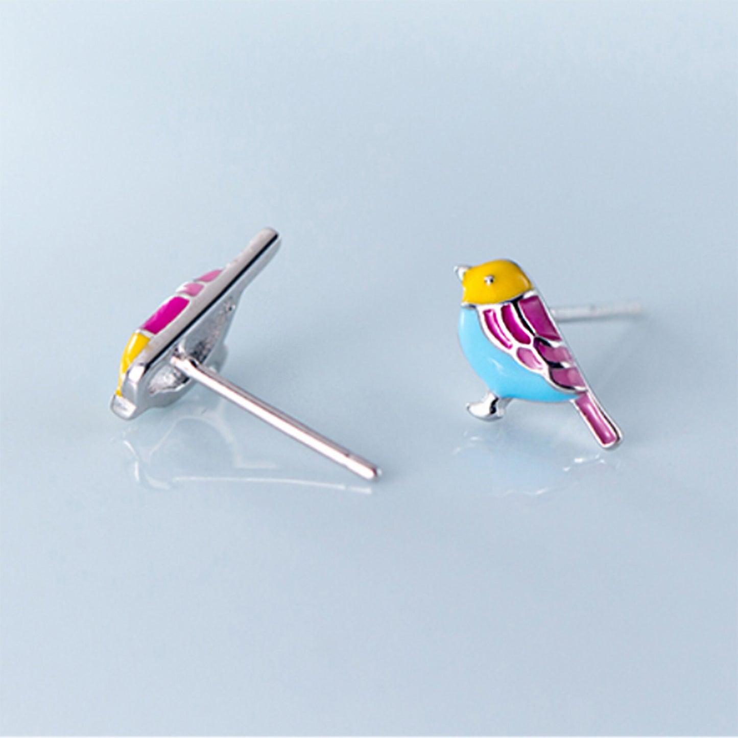 925 sterling silver enamel multiple coloured bird studs earrings blue yellow pink enamel parrot earrings tropical bird parrot earrings