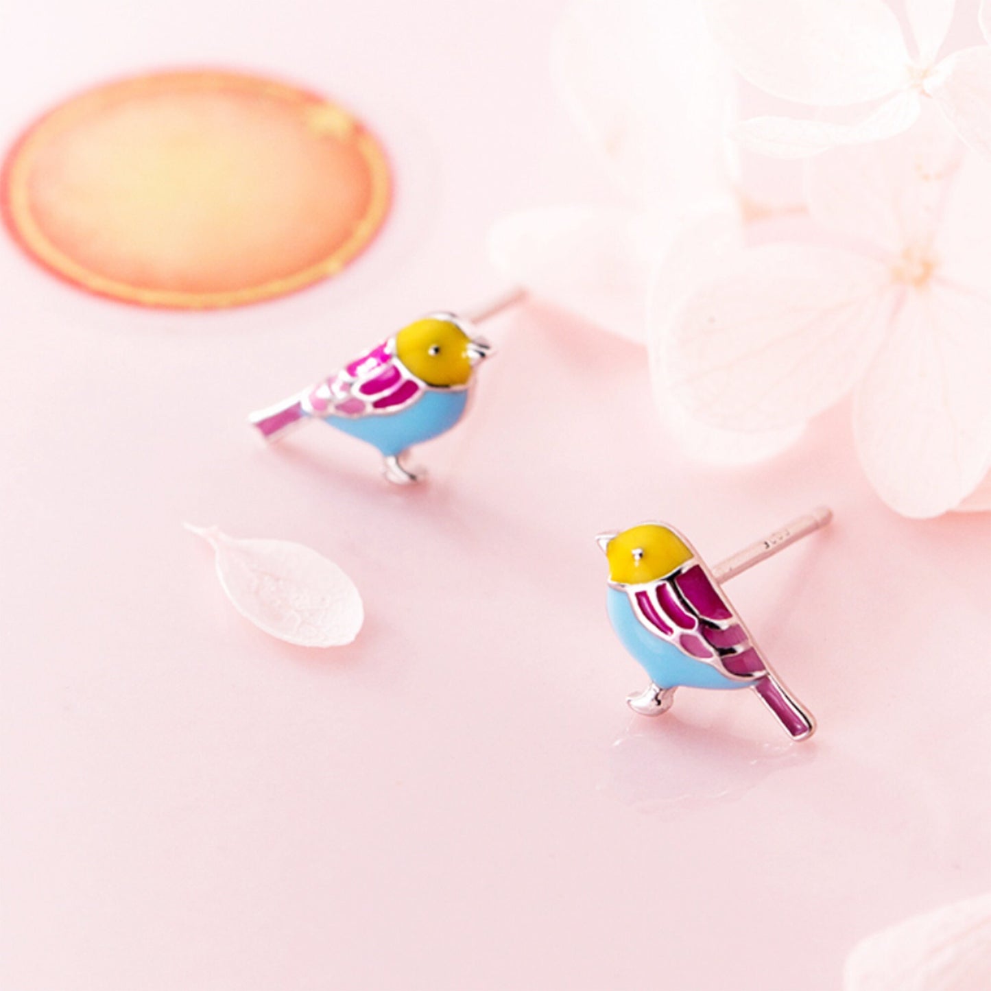 925 sterling silver enamel multiple coloured bird studs earrings blue yellow pink enamel parrot earrings tropical bird parrot earrings