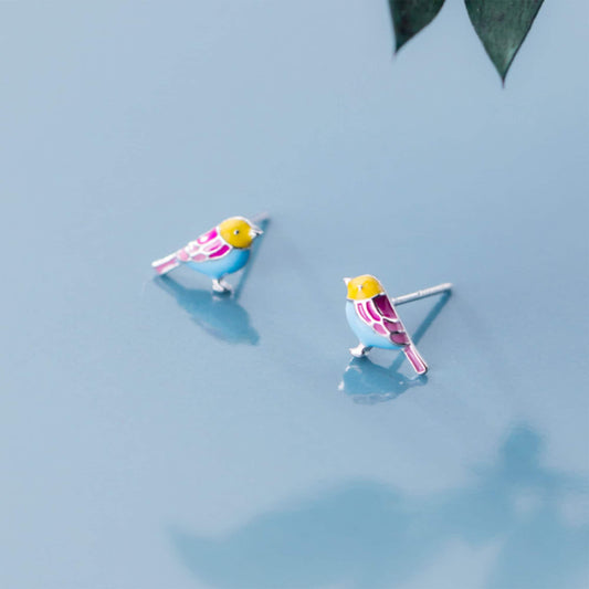 925 sterling silver enamel multiple coloured bird studs earrings blue yellow pink enamel parrot earrings tropical bird parrot earrings