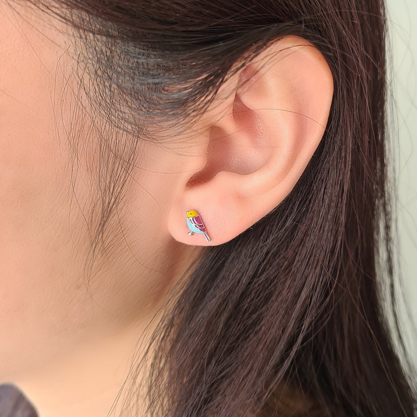 925 sterling silver enamel multiple coloured bird studs earrings blue yellow pink enamel parrot earrings tropical bird parrot earrings