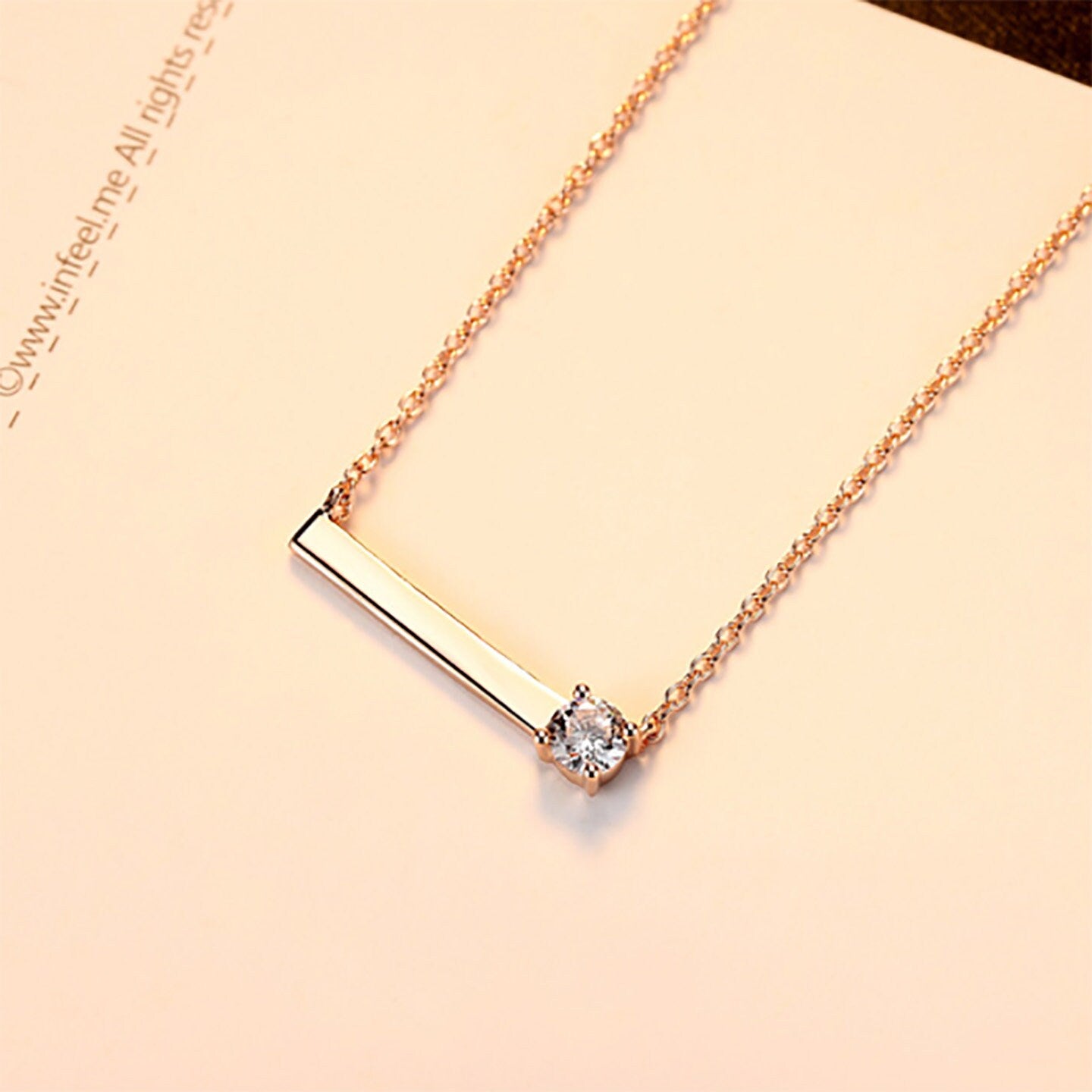 Rose Gold Plated Sterling Silver Mini Bar with CZ Crystal Necklace