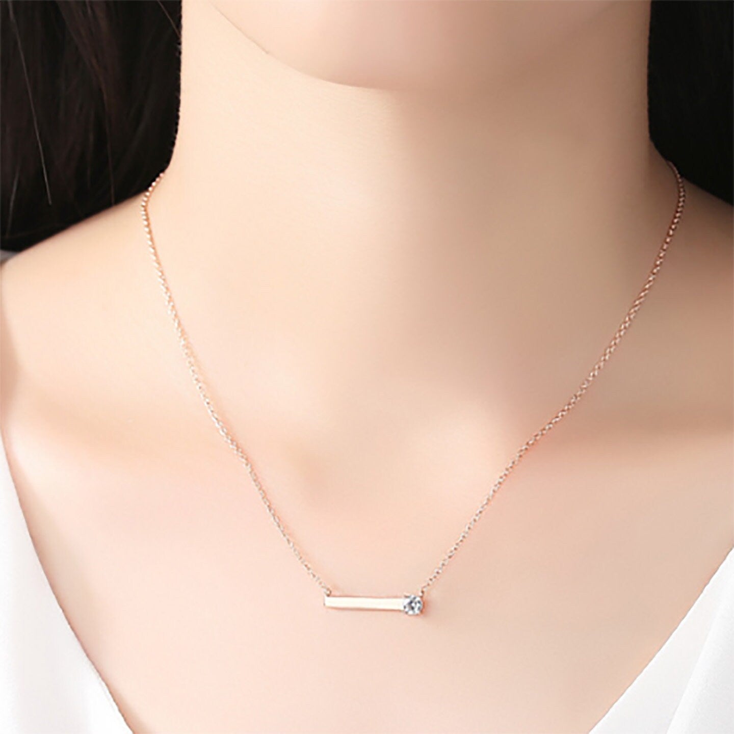 Rose gold plated sterling silver mini bar with CZ crystal necklace pendant minimum