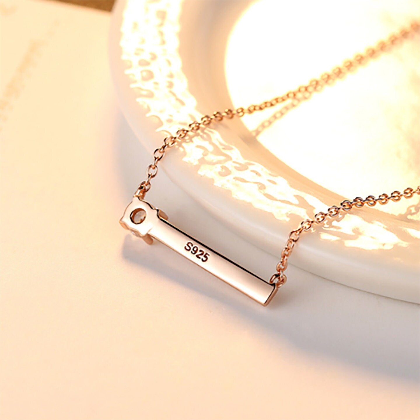 Rose Gold Plated Sterling Silver Mini Bar with CZ Crystal Necklace