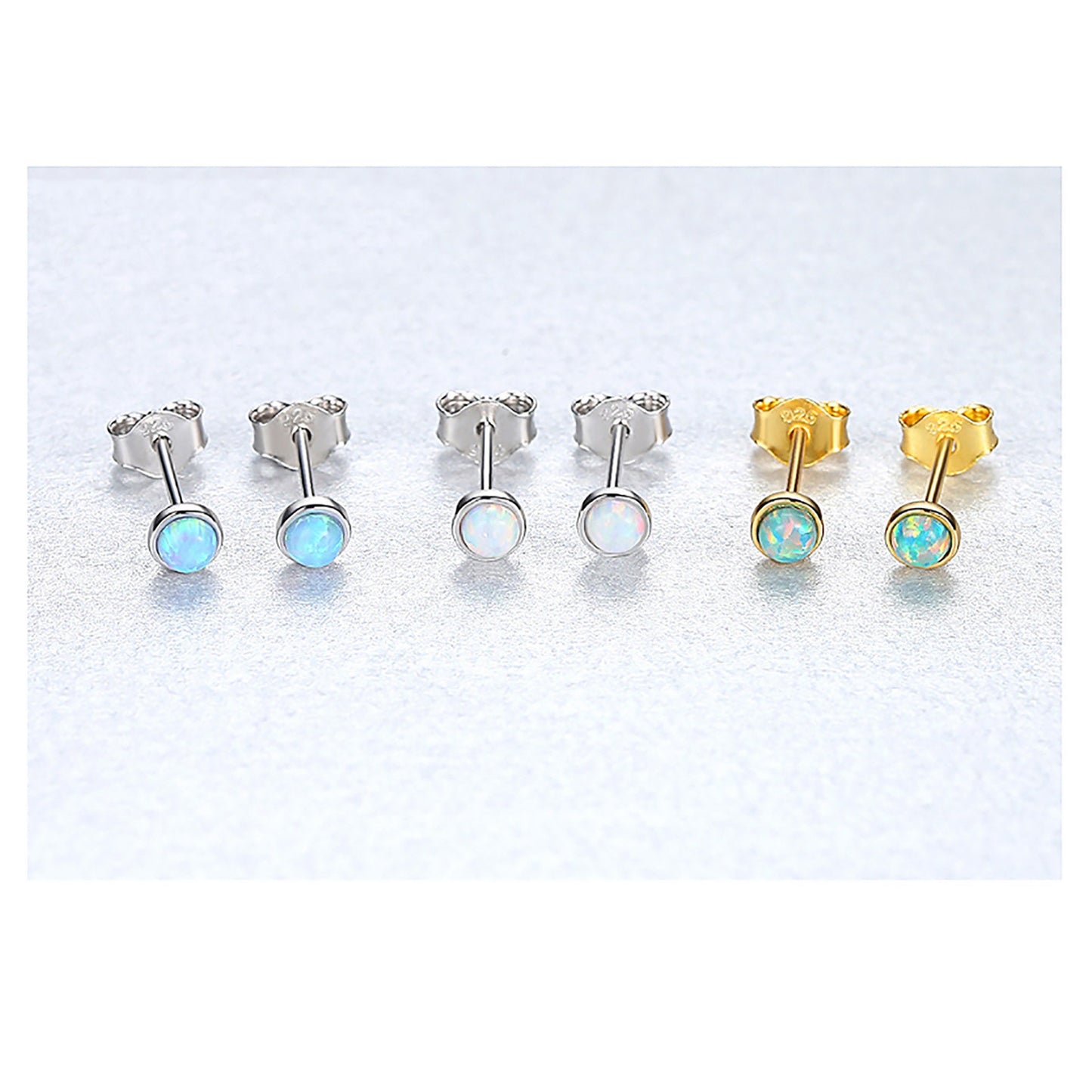 Sterling silver mini lab opal stud earrings in green blue and white gemstone tiny studs