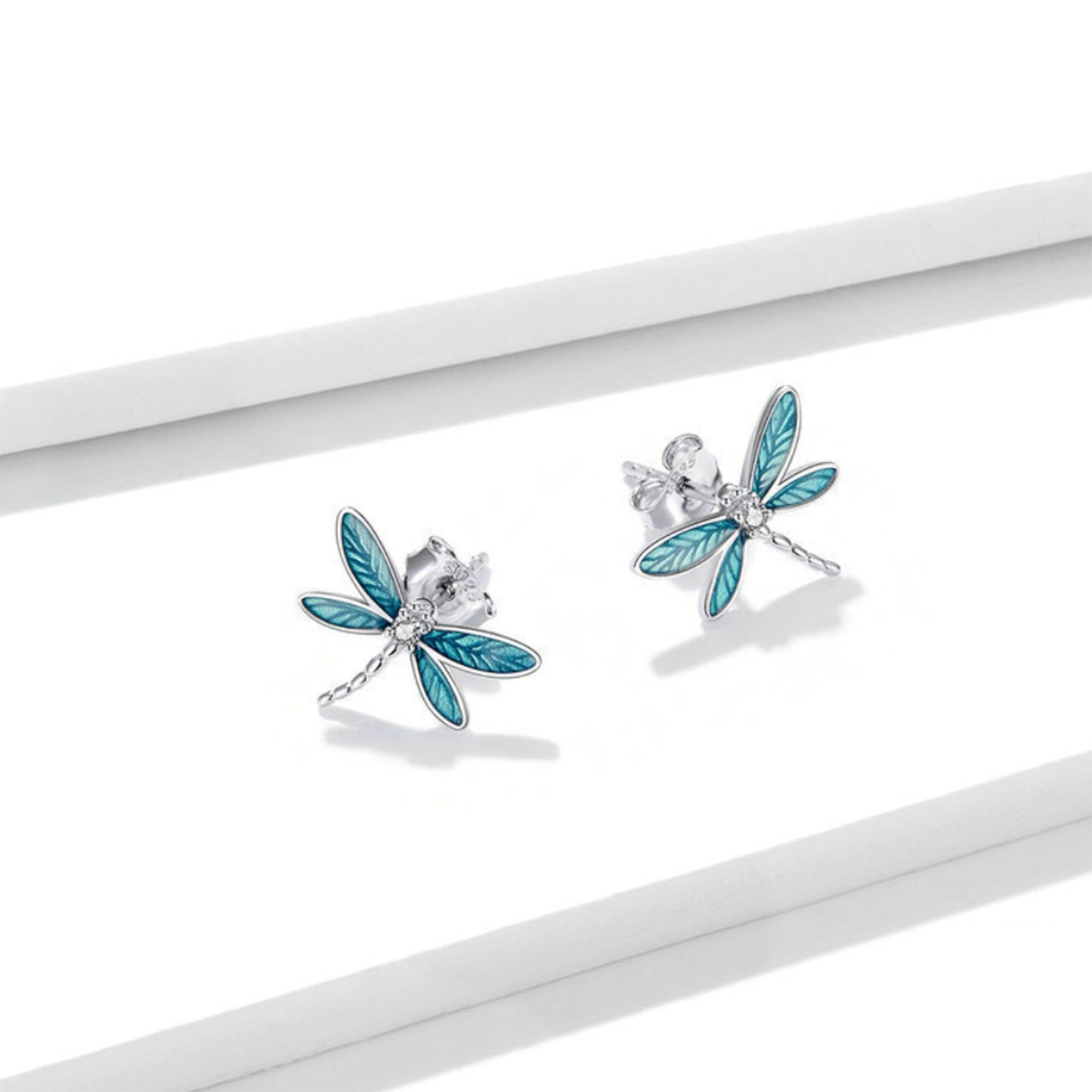 925 Sterling Silver Blue Enamel Dragonfly Studs Earrings Insects Libelle