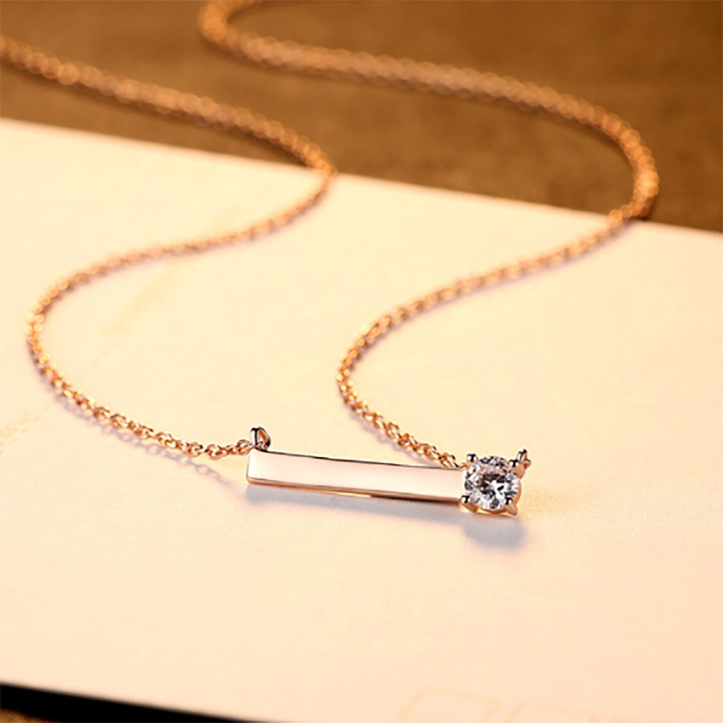 Rose Gold Plated Sterling Silver Mini Bar with CZ Crystal Necklace