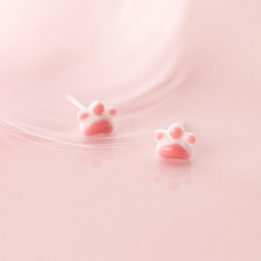 White Pink Cat Pawprint Cat Paw Clay Studs Earrings Silver Post Cat Lover