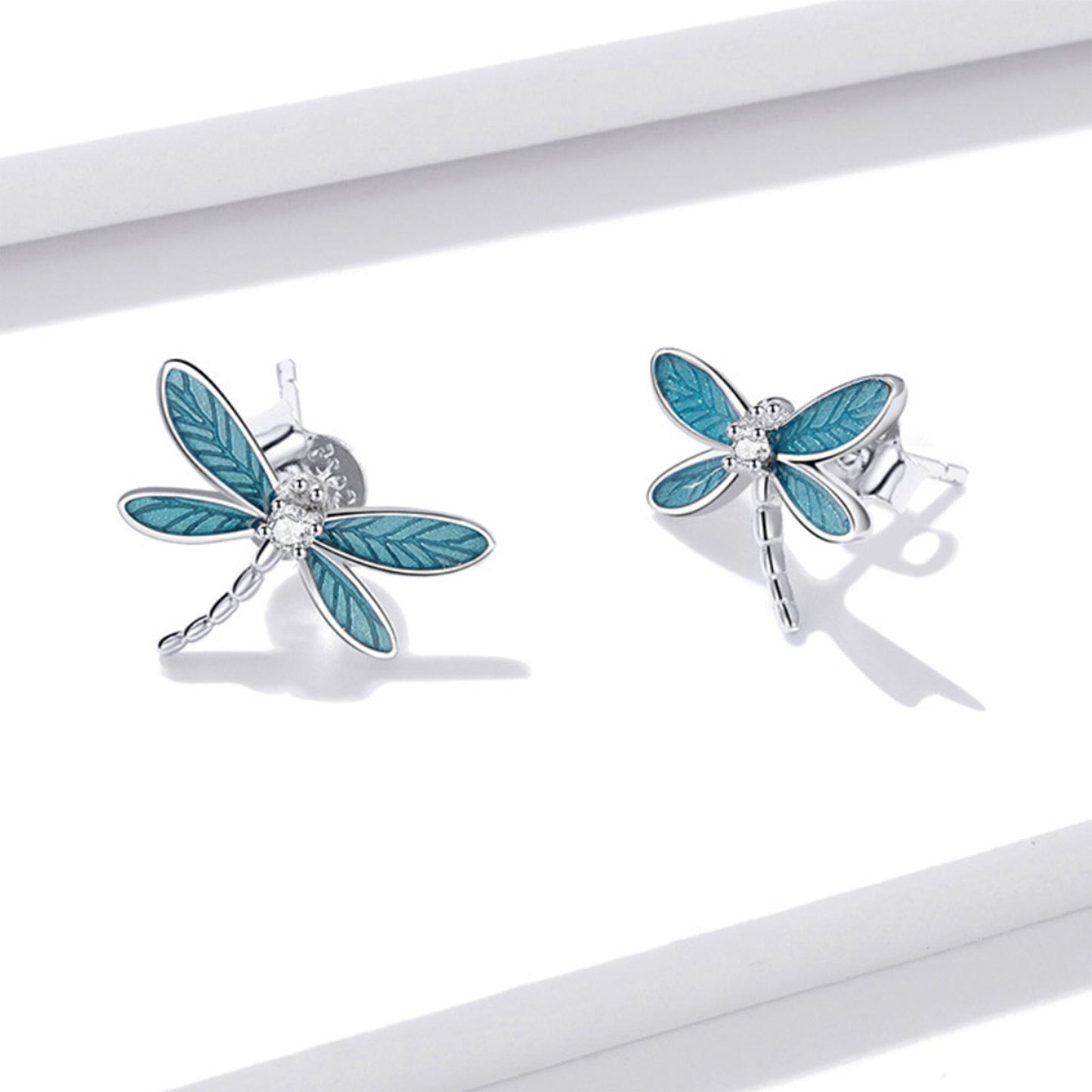 925 Sterling Silver Blue Enamel Dragonfly Studs Earrings Insects Libelle