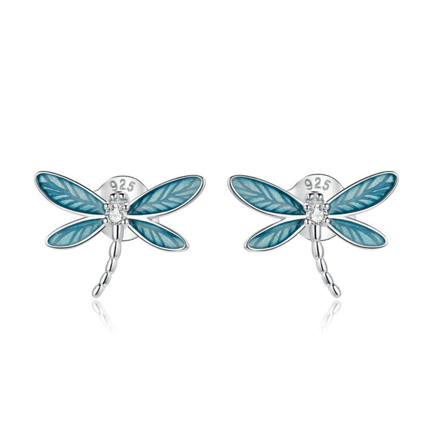 925 Sterling Silver Blue Enamel Dragonfly Studs Earrings Insects Libelle