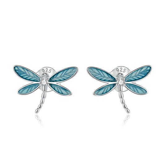 925 Sterling Silver Blue Enamel Dragonfly Studs Earrings Insects Libelle