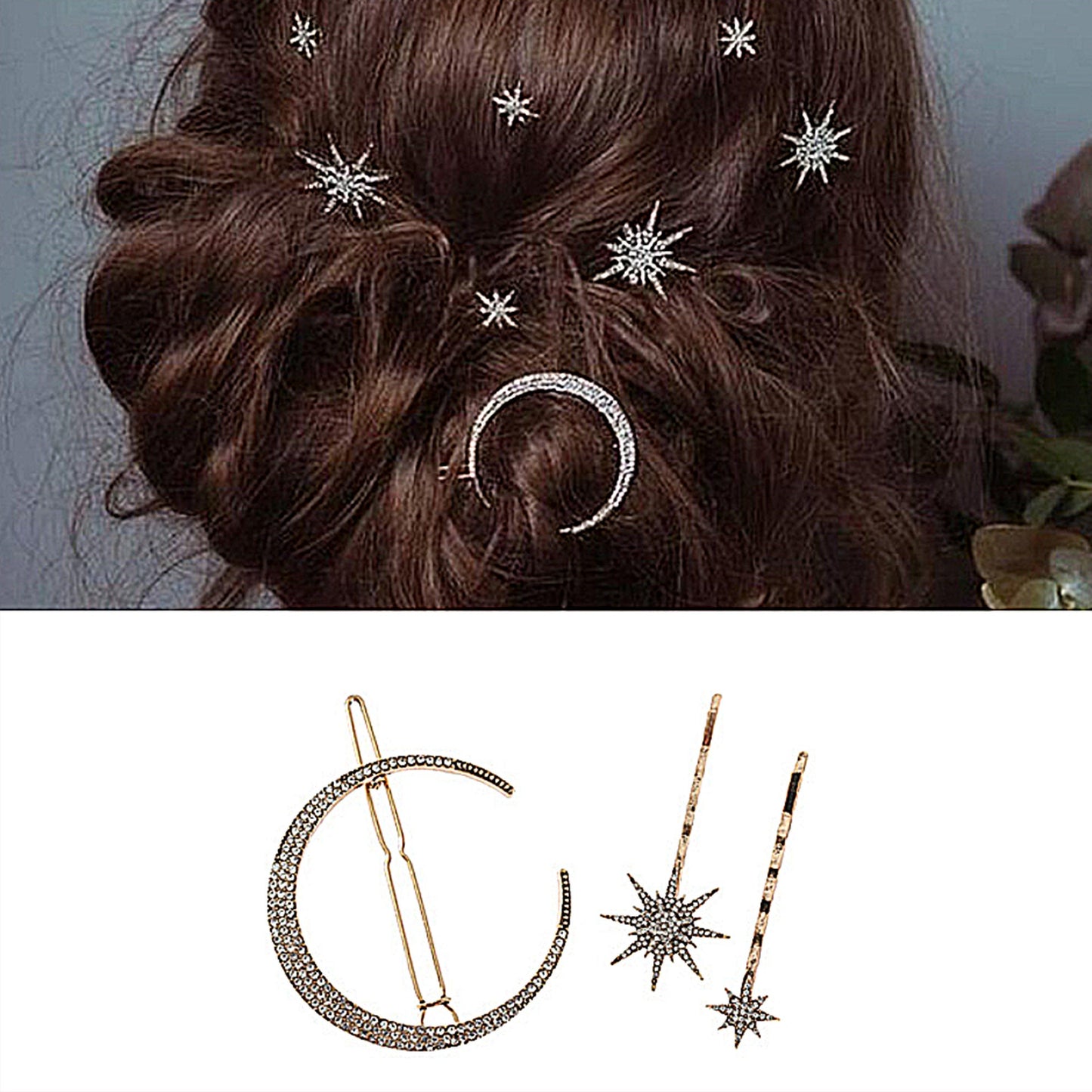 Antique Gold Celestial Moon Star Diamante Hair Clip Hair Accessories Wedding Bridal Hair Pin