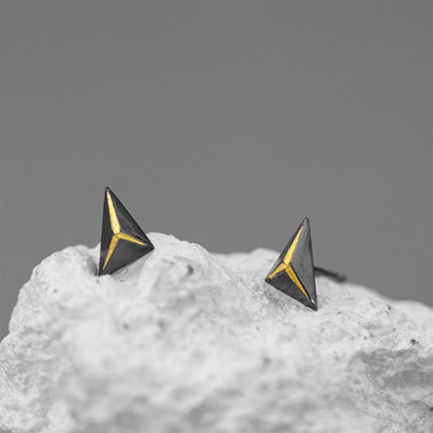 oxidised black sterling silver Triangle Scarred Gold Line Stud Earrings Kintsugi jewellery