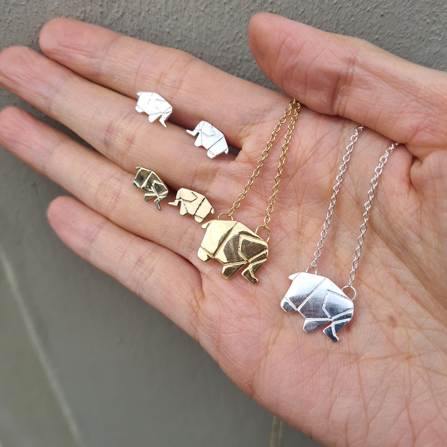 Silver or Gold Plated Origami Elephant Necklace Earrings Jewellery Set Wildlife