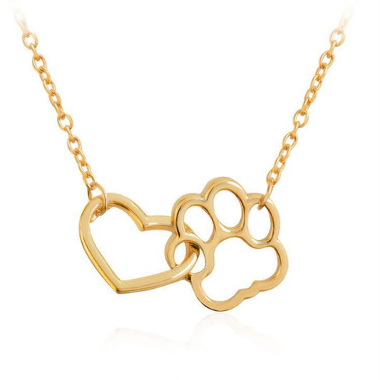 Silver or Gold Plated heart love interlocking pawprint dog cat pawprint necklace pendant cat lover animal lover