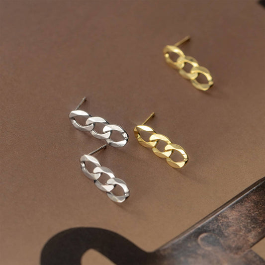 Sterling Silver Chunky Short Flat Curb Chain Linked Stud Drop Earrings Silver Gold Plated