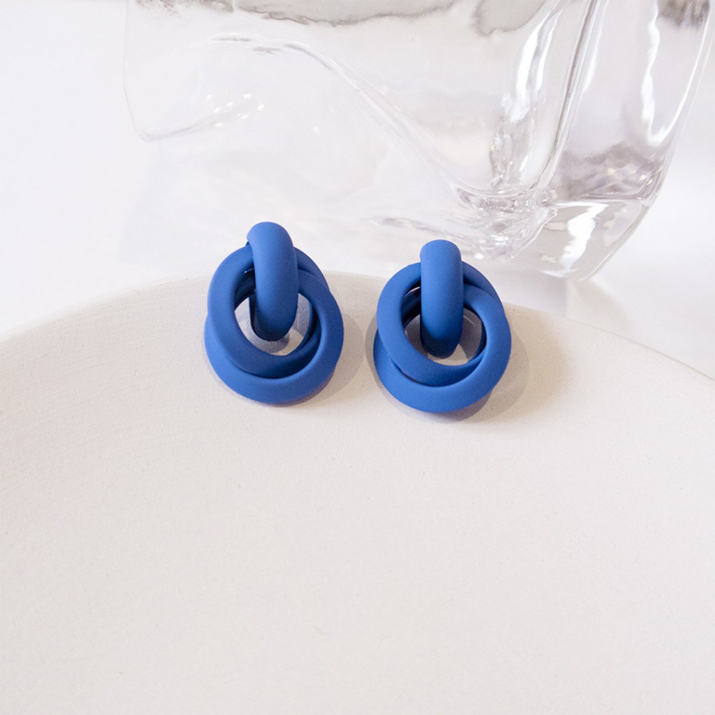 3D Looped Knots Ribbon Large Stud Earrings in Blue Ivory White Silver Posts clay