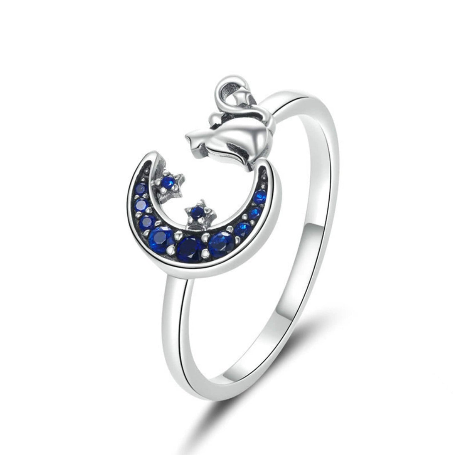 Sterling silver cat looking at the crescent moon in blue night starry sky ring band