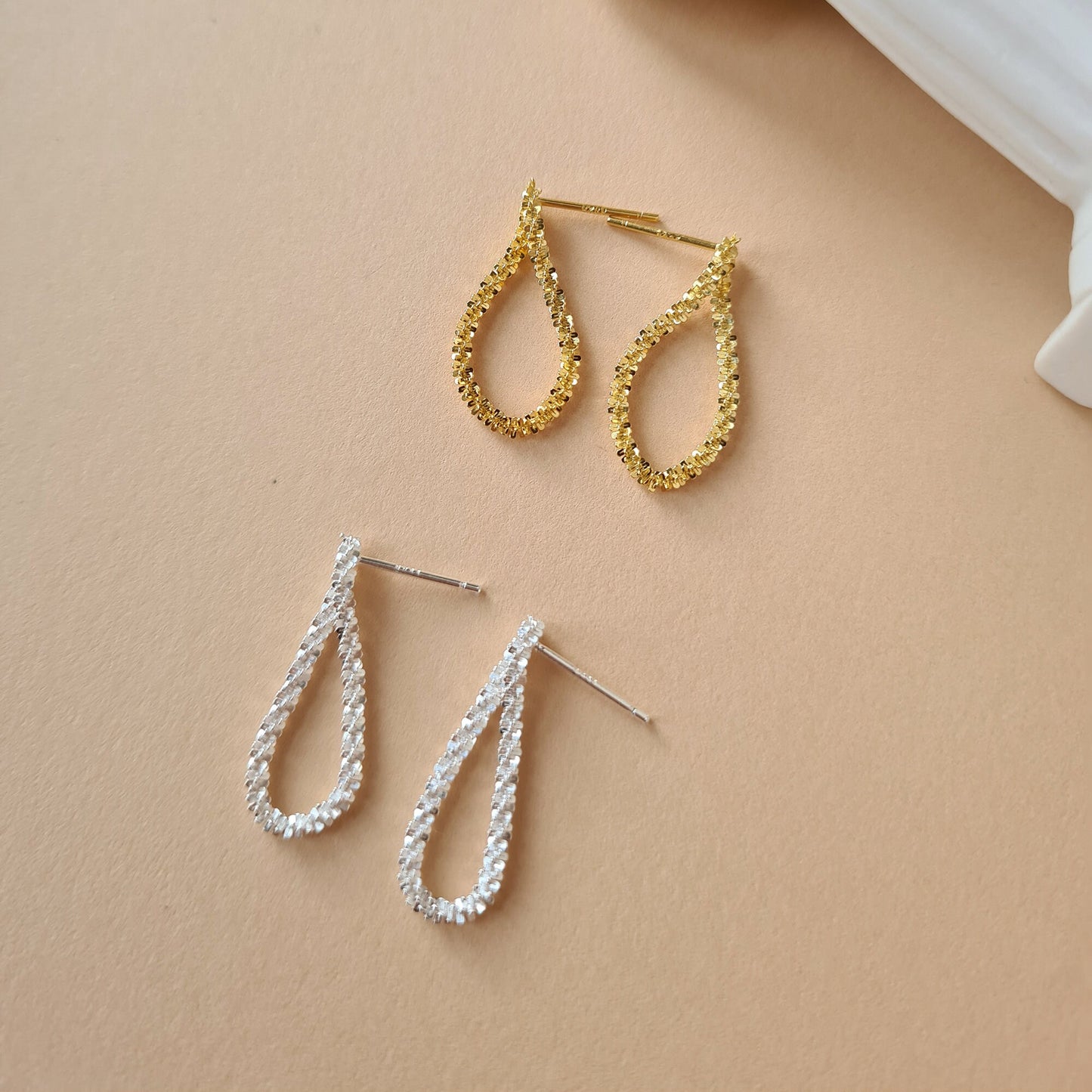 Sterling Silver Gold Plated Silver Shimmering Silver Folded Chain Loop Drop Earrings Twisted Rope Earrings