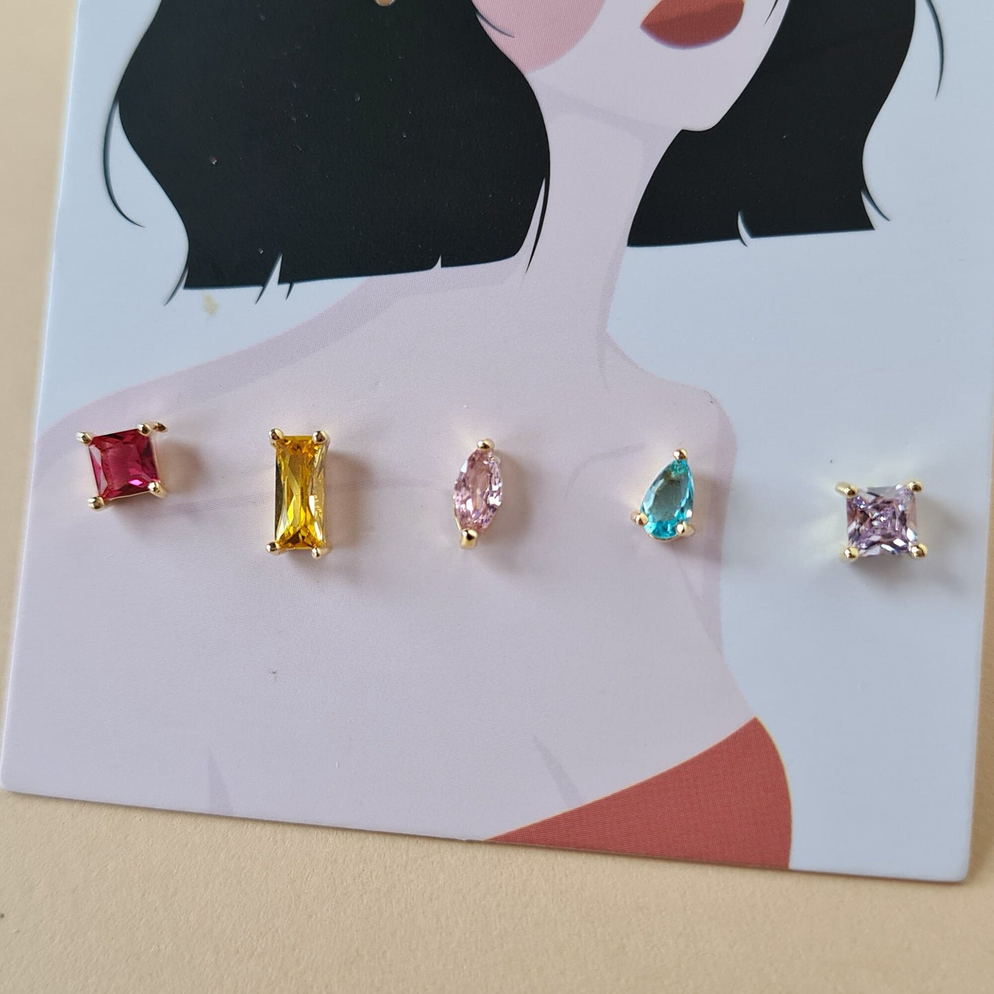 Sterling Silver A Set of 5 Multiple Colours Silver Studs in Square Rectangle and Oval shapes Earrings Crown Jewels