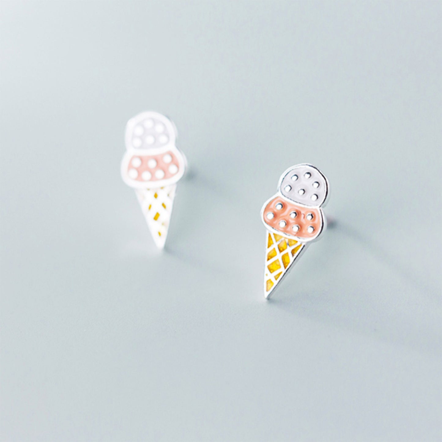 925 Sterling Silver Ice cream Cone Stud Earrings Multiple Colour Enamel Pink Purple Summer