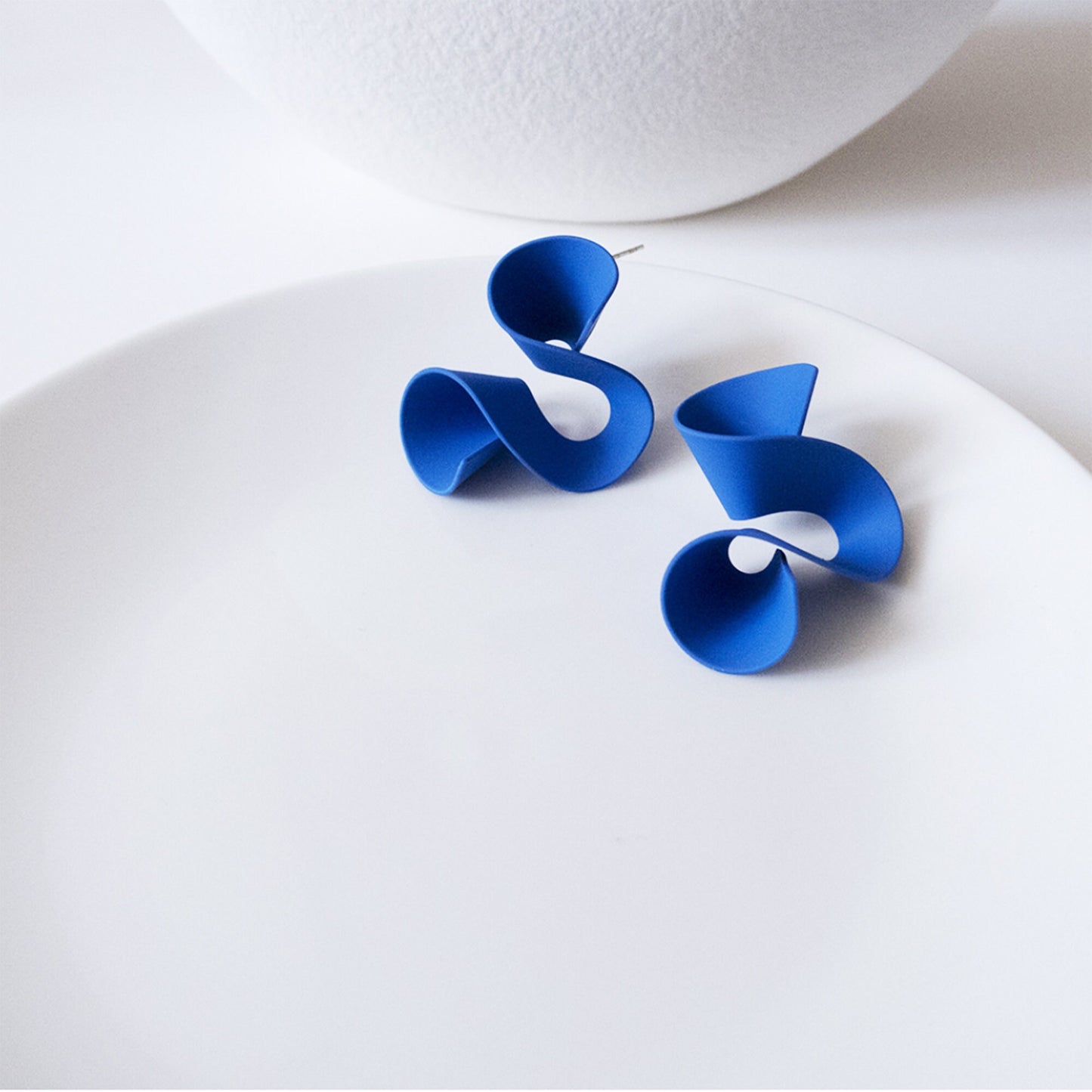 3D Looped Knots Ribbon Large Stud Earrings in Blue Ivory White Silver Posts clay