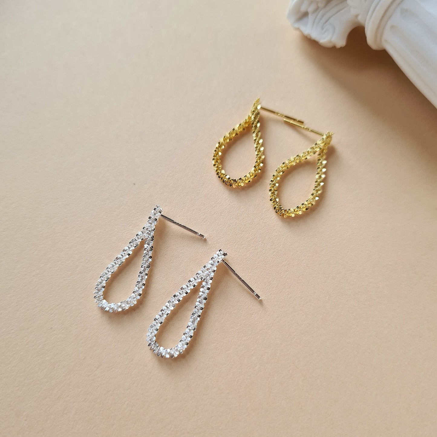 Sterling Silver Gold Plated Silver Shimmering Silver Folded Chain Loop Drop Earrings Twisted Rope Earrings