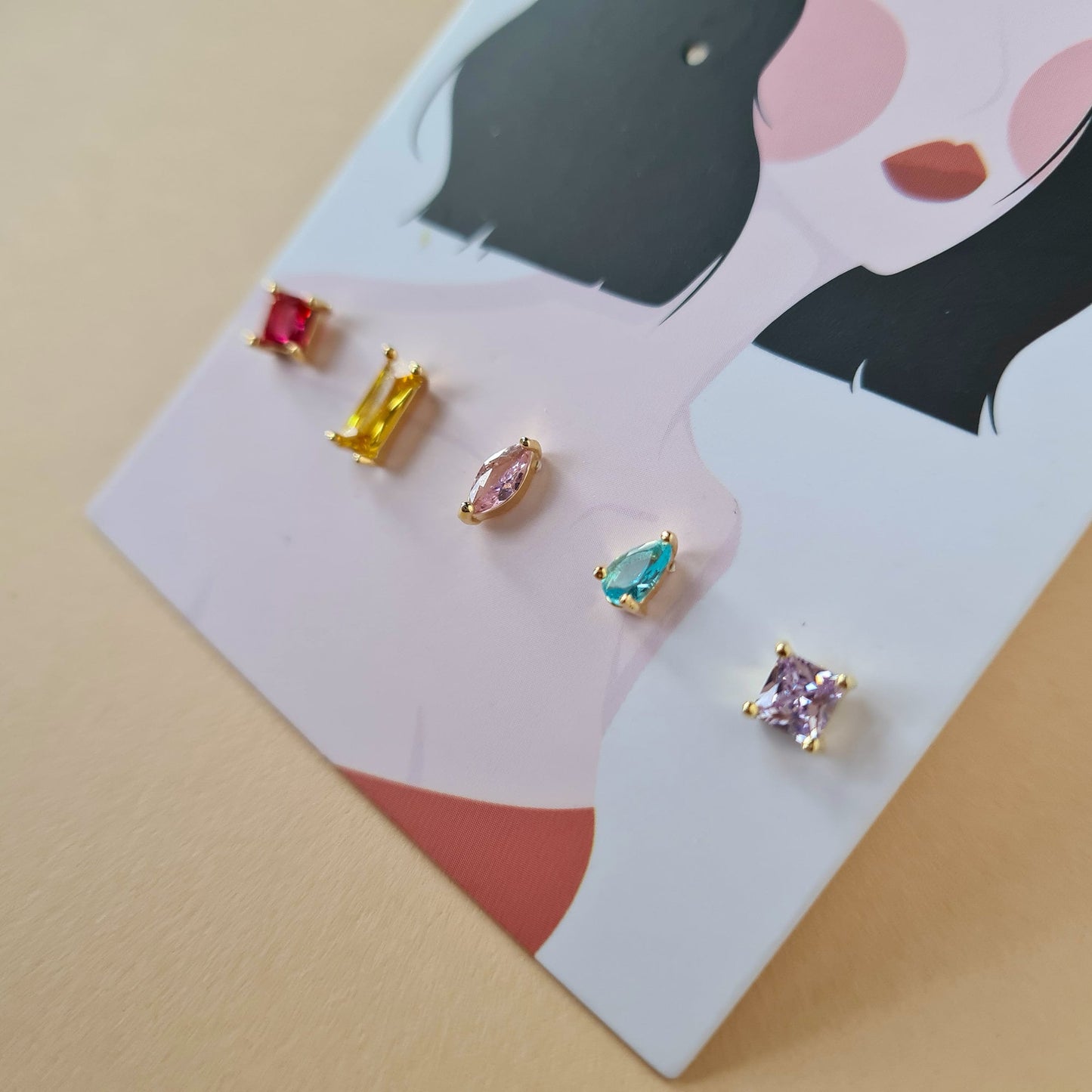 Sterling Silver A Set of 5 Multiple Colours Silver Studs in Square Rectangle and Oval shapes Earrings Crown Jewels