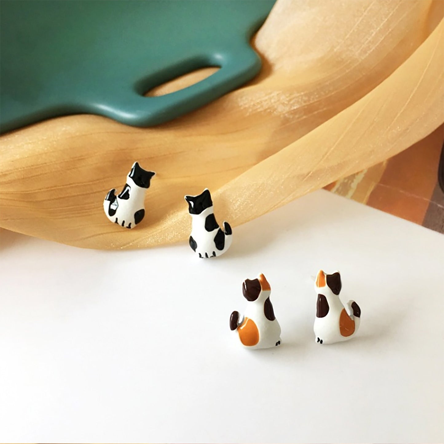 3D Painted Sitting Cats Kitty Black White Tortie Cat Stud Earrings  Tortoiseshell Cats Sterling Silver Posts