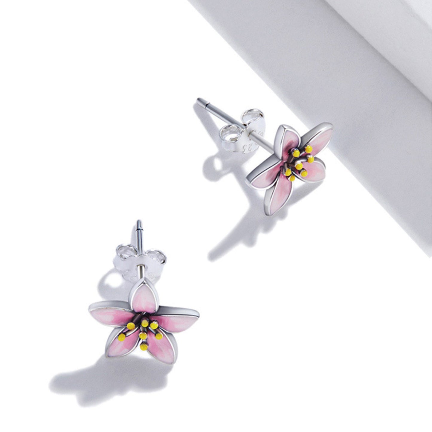 sterling silver Sakura Japanese Cherry Blossom Pink Enamel Flower Stud Earrings