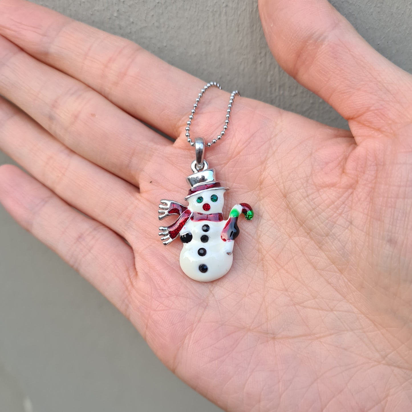 Hand Painted White Snowman with Hat and Scarf Christmas Necklace Pendant