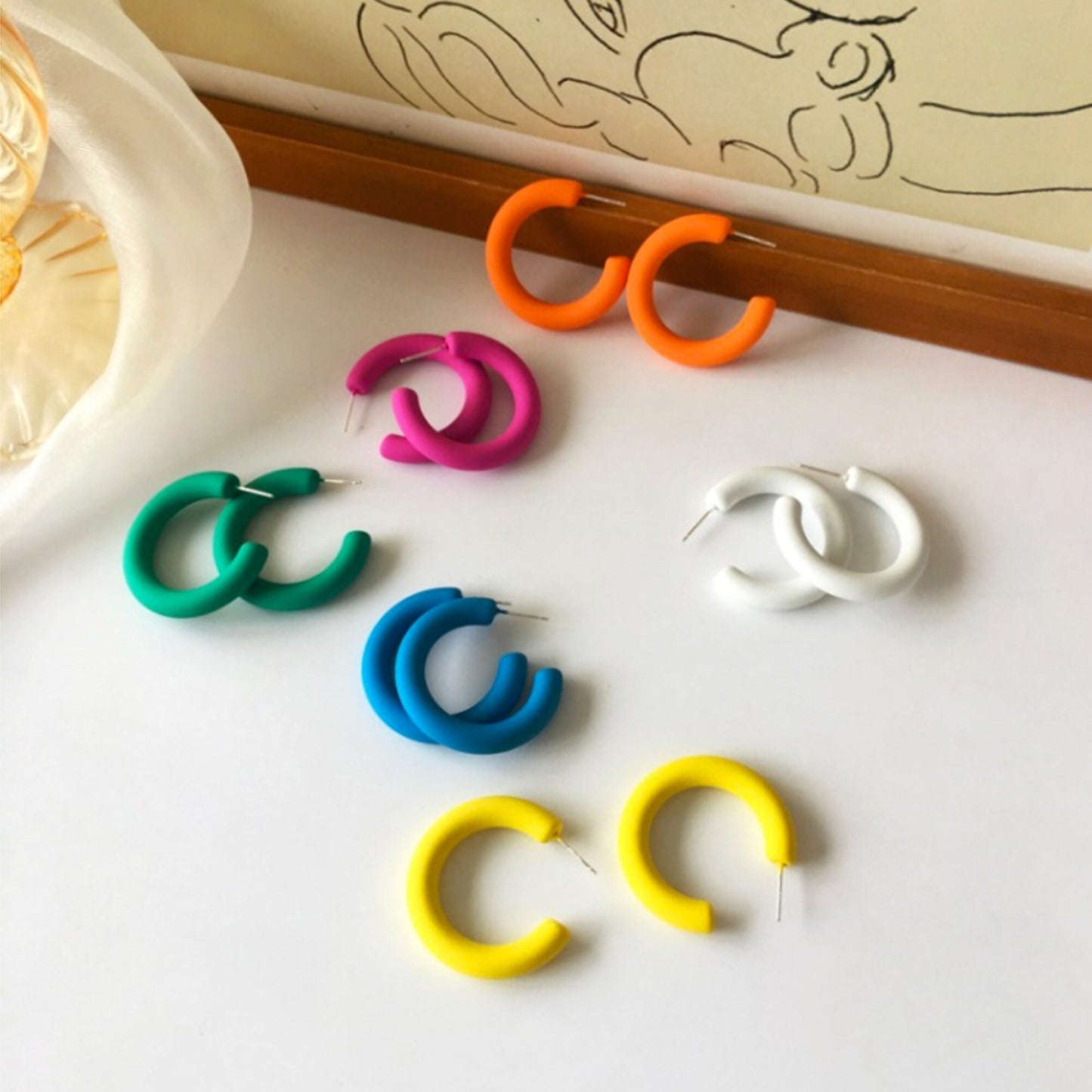 Neon Bright Coloured Pink White Orange Yellow Blue Green Chunky Hoop Earrings Silver Posts