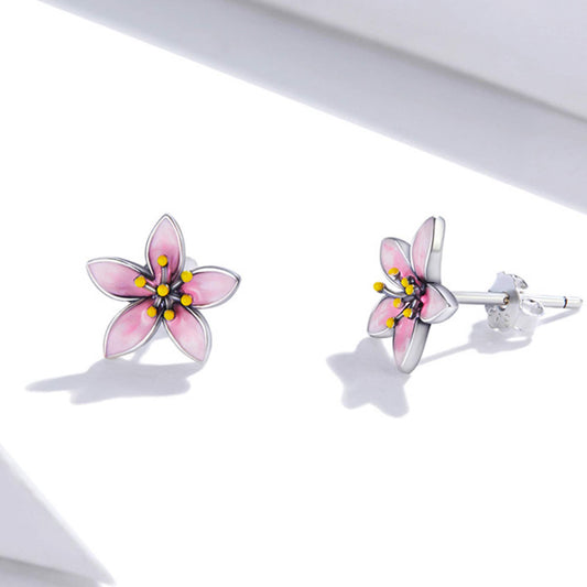 sterling silver Sakura Japanese Cherry Blossom Pink Enamel Flower Stud Earrings