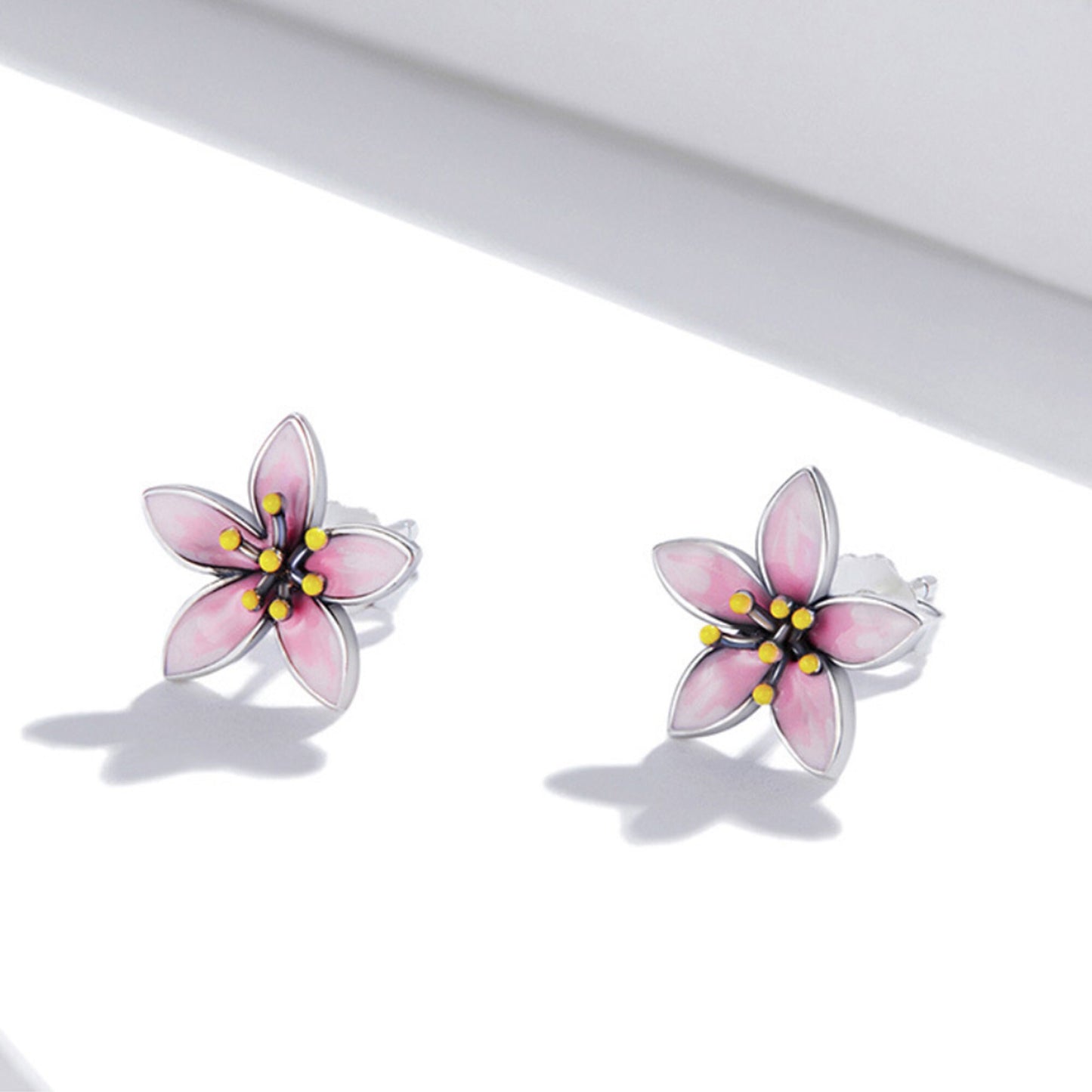 sterling silver Sakura Japanese Cherry Blossom Pink Enamel Flower Stud Earrings