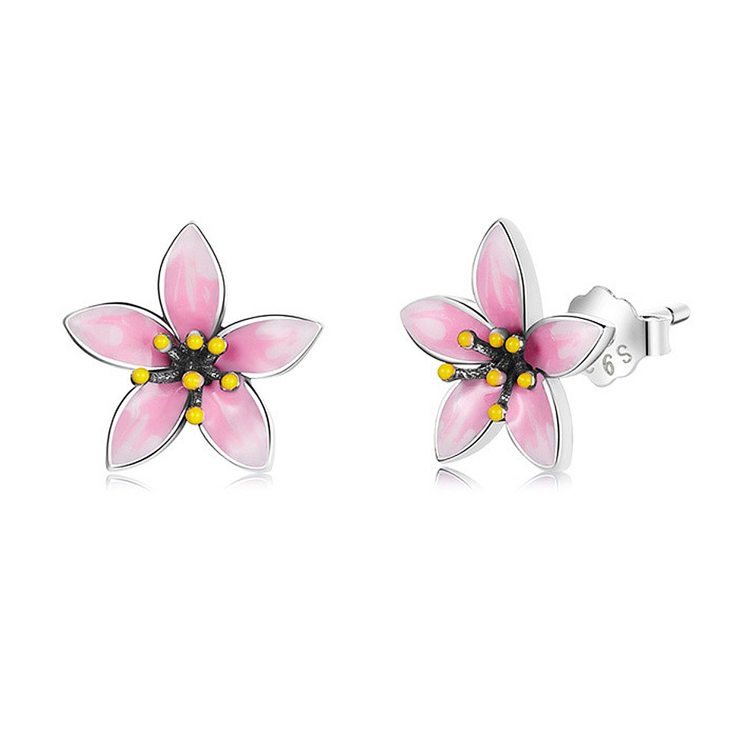 sterling silver Sakura Japanese Cherry Blossom Pink Enamel Flower Stud Earrings