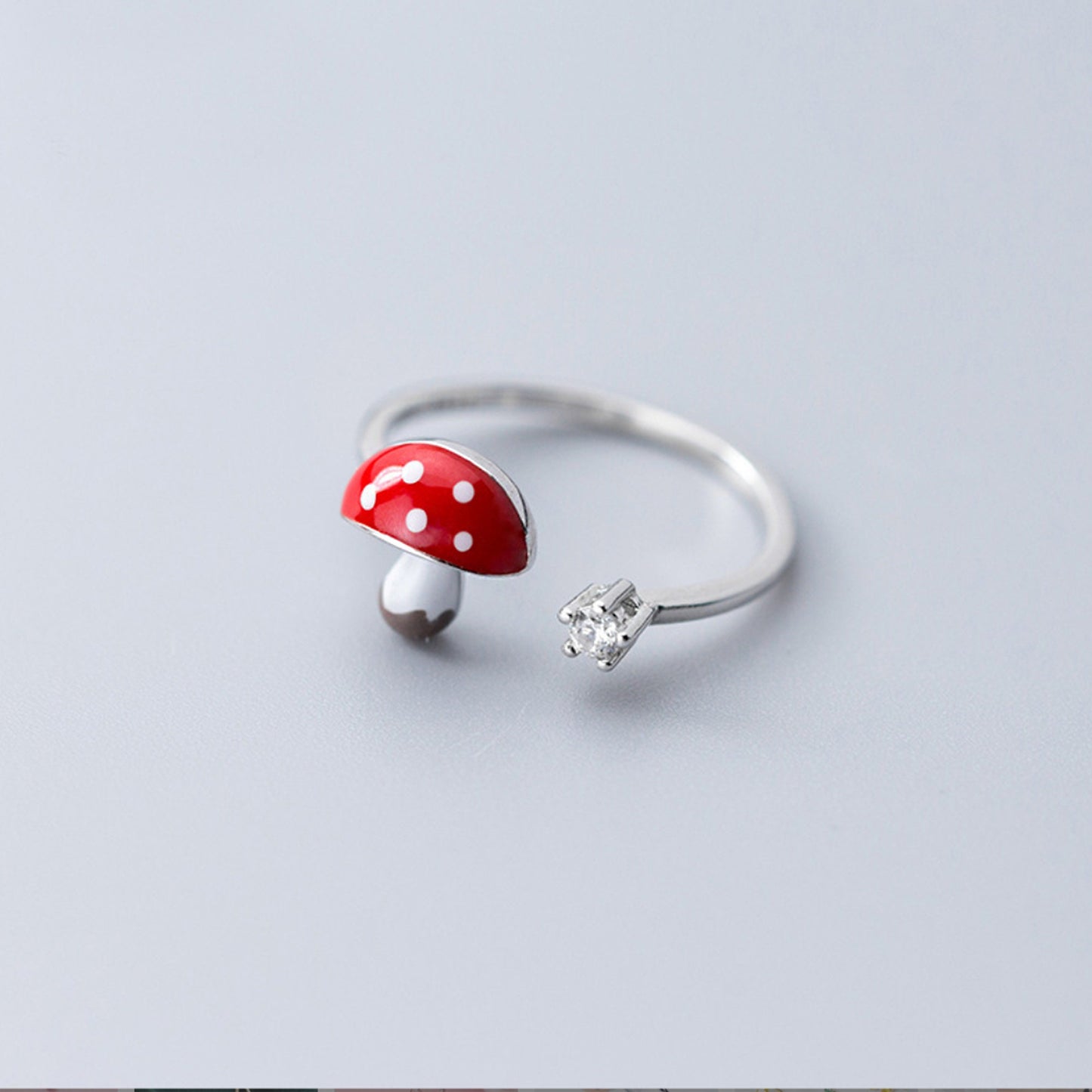 925 Sterling Silver Red Mushroom Fungi Ring Open Band Nature inspired Forest theme fairy-tale