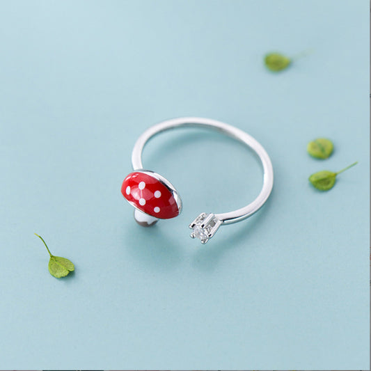 925 Sterling Silver Red Mushroom Fungi Ring Open Band Nature inspired Forest theme fairy-tale