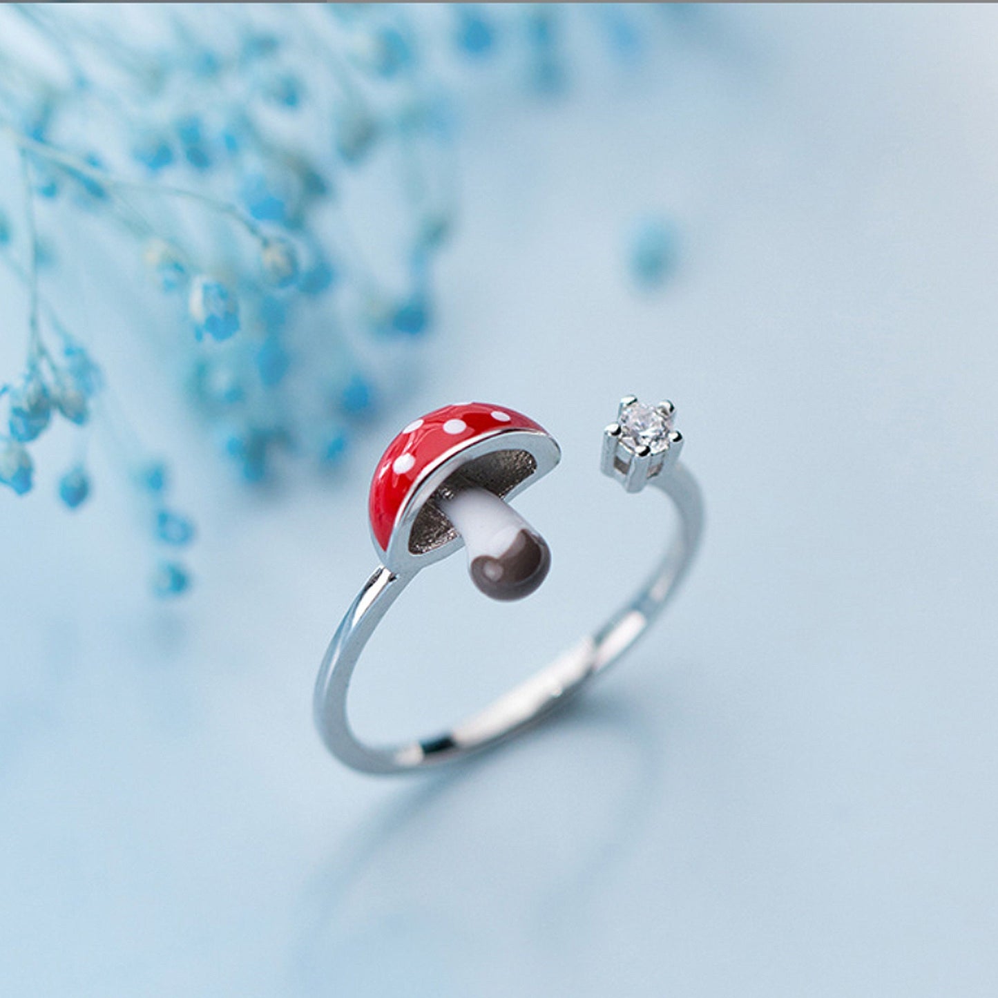 925 Sterling Silver Red Mushroom Fungi Ring Open Band Nature inspired Forest theme fairy-tale