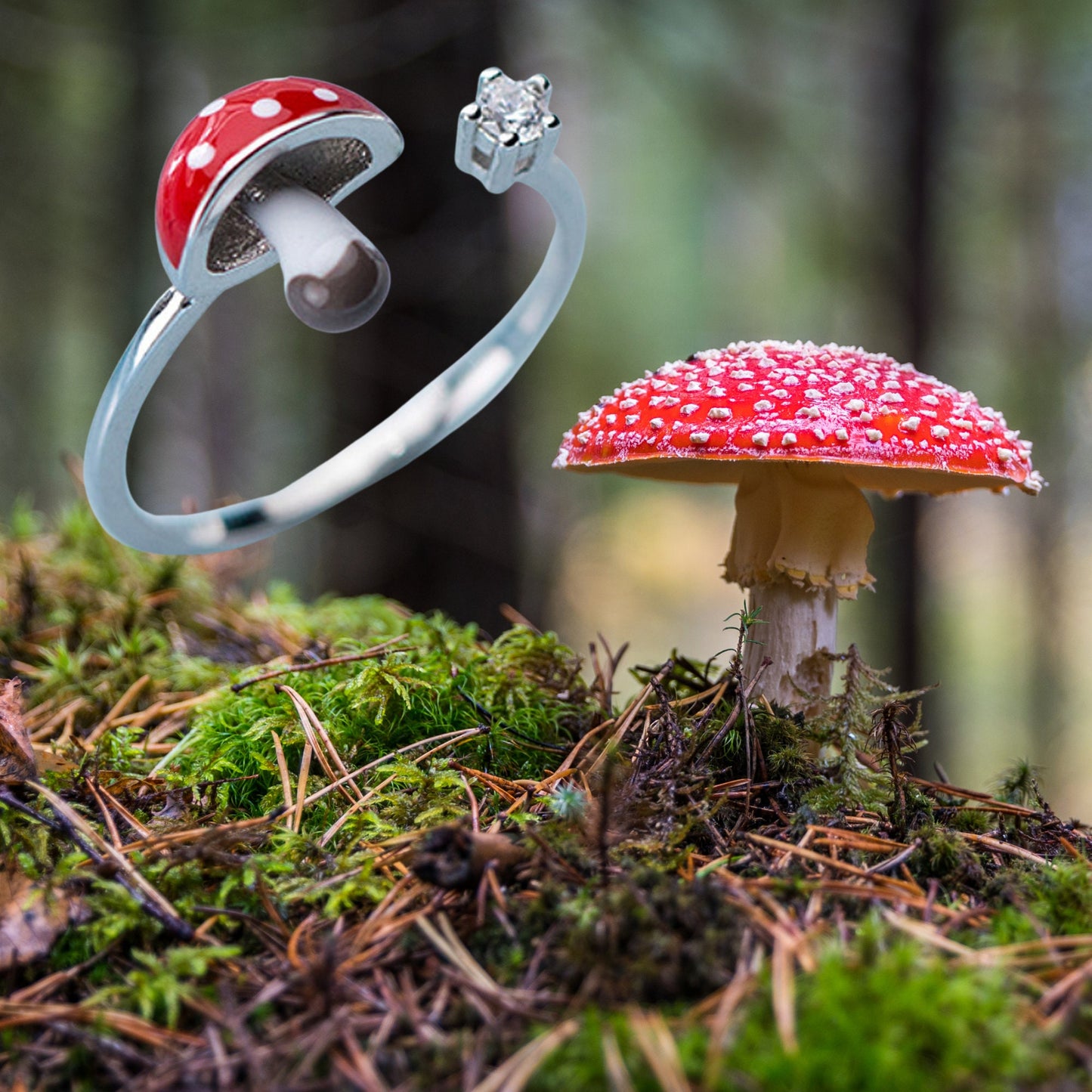 925 Sterling Silver Red Mushroom Fungi Ring Open Band Nature inspired Forest theme fairy-tale