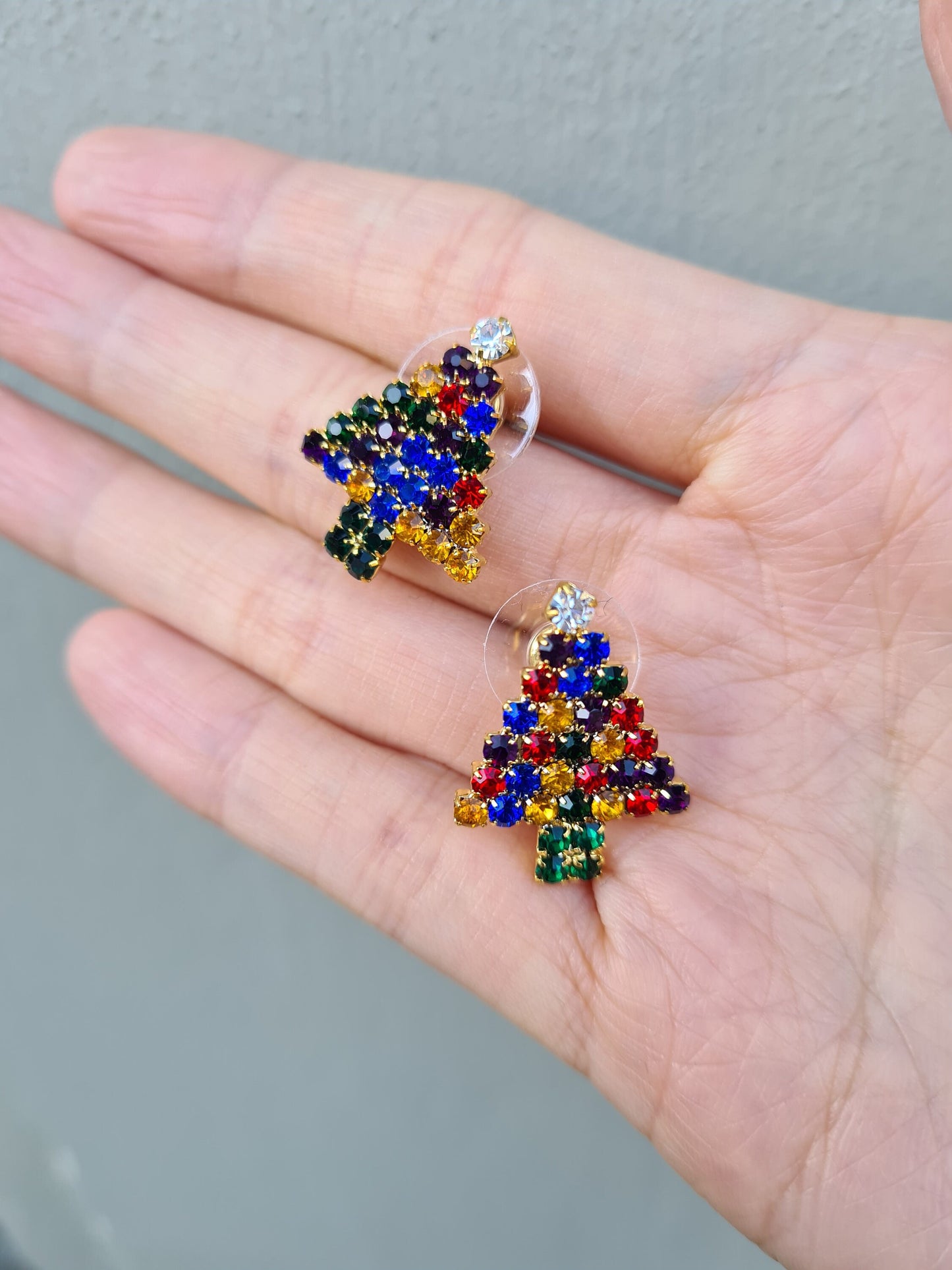 Crystal Encrusted Multiple Colours Christmas Tree Festive Stud Earrings